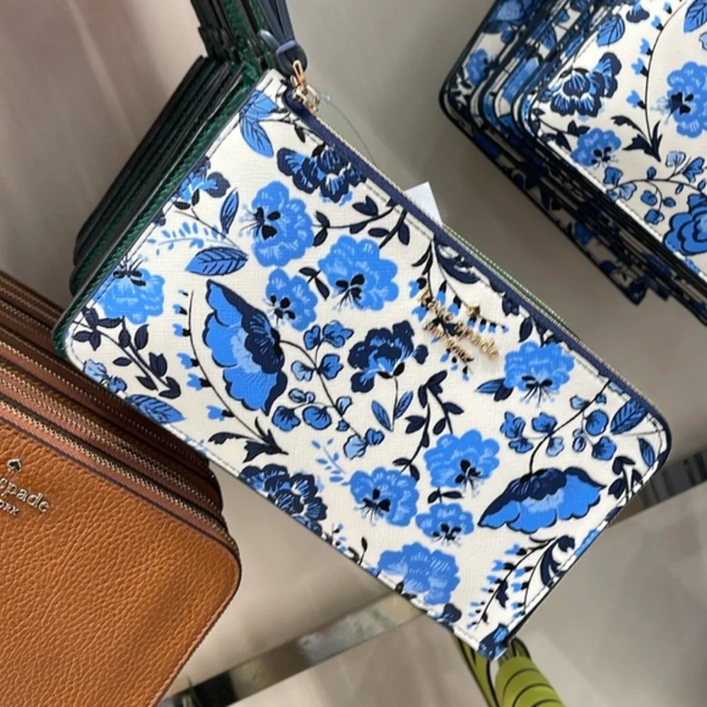 Kate Spade Lucy Vase Floral Medium L Zip Wristlet Blue Multicolor  NWT